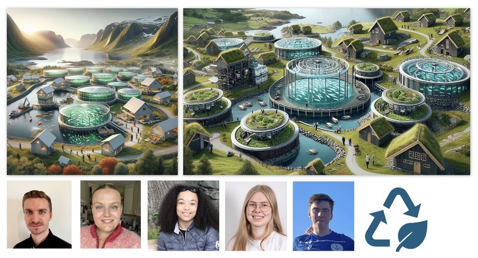 Ki-generertbilde av Norge med landbaserte lakseanlegg, samt portretter av de fem studenene som skrev fortellingen.